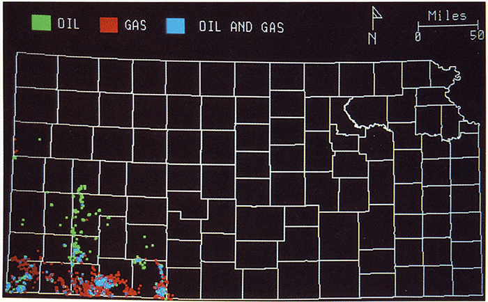 Wells producing from Morrow and Atoka zones; gas wells in red, oil wells in green, and wells that produce both are in blue; mostly gas wells in far SW counties.