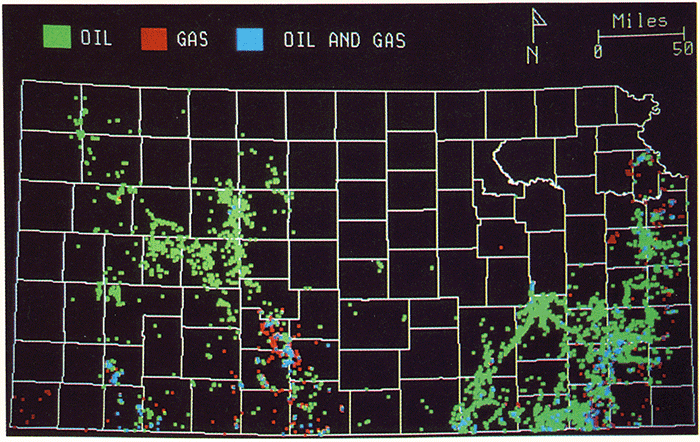 Wells producing from Desmoinesian zones; gas wells in red, oil wells in green, and wells that produce both are in blue; mostly oil wells western and eastern parts of state, less in center.