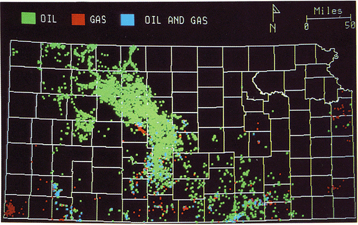 Wells producing from Missourian zones; gas wells in red, oil wells in green, and wells that produce both are in blue; oil wells throughout Central Kansas Uplift; gas wells scattered about.