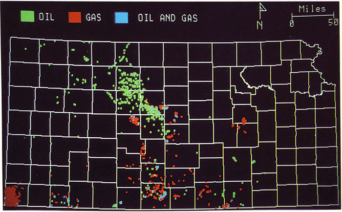 Wells producing from Virgilian zones; gas wells in red, oil wells in green, and wells that produce both are in blue; oil wells in northern part of Central Kansas Uplift; gas wells south of that.