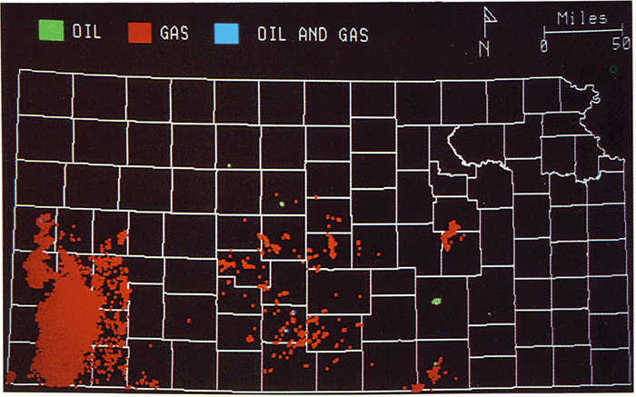 Wells producing from Permian zones; gas wells in red, oil wells in green, and wells that produce both are in blue; gas wells mostly in SW Kansas, some in south and central.