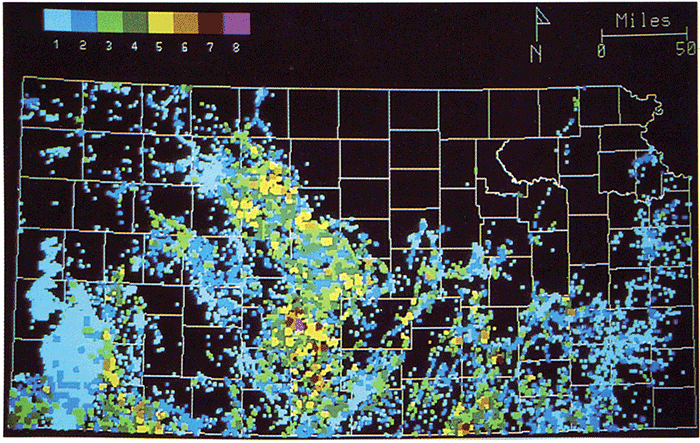 Most townships are colored blue and produce from only 1 or 2 zones; a few areas have higher numbers of producing zones and are in the yellows and reds.