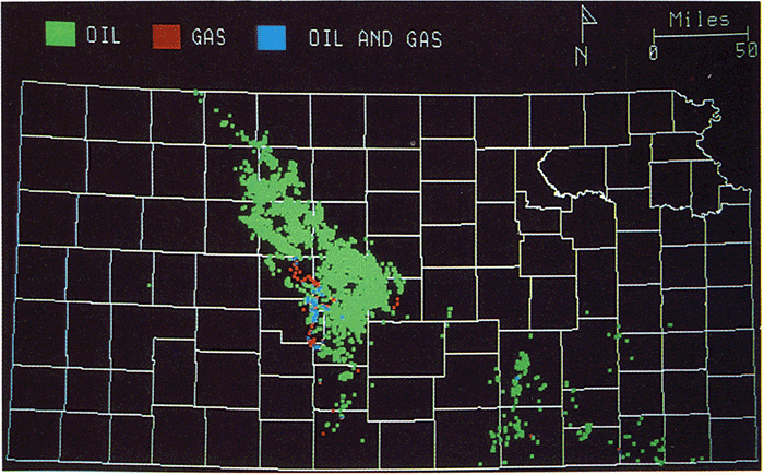 Wells producing from Arbuckle zones; gas wells in red, oil wells in green, and wells that produce both are in blue; mostly oil wells along Central Kansas Uplift.