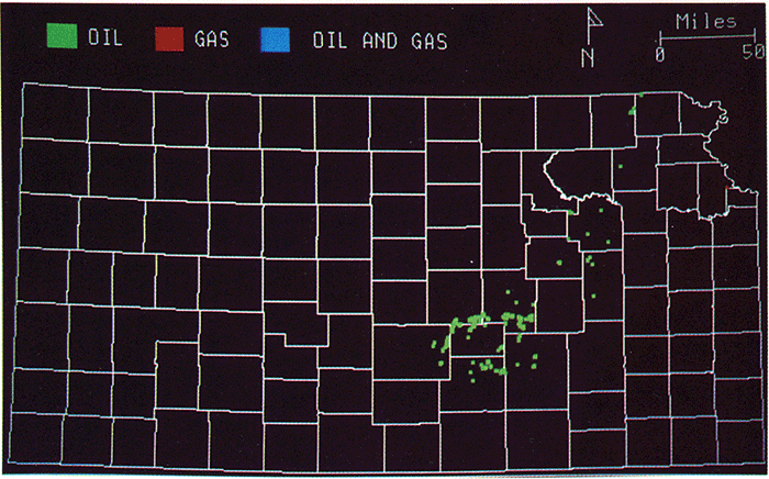 Wells producing from Hunton zones; gas wells in red, oil wells in green, and wells that produce both are in blue; mostly oil wells in central counties stretching to NE.