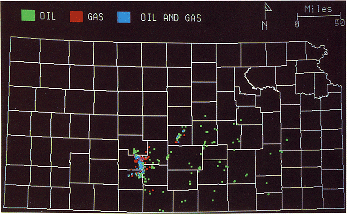 Wells producing from Chattanooga and Misener zones; gas wells in red, oil wells in green, and wells that produce both are in blue; oil and gas wells in western south-central counties.