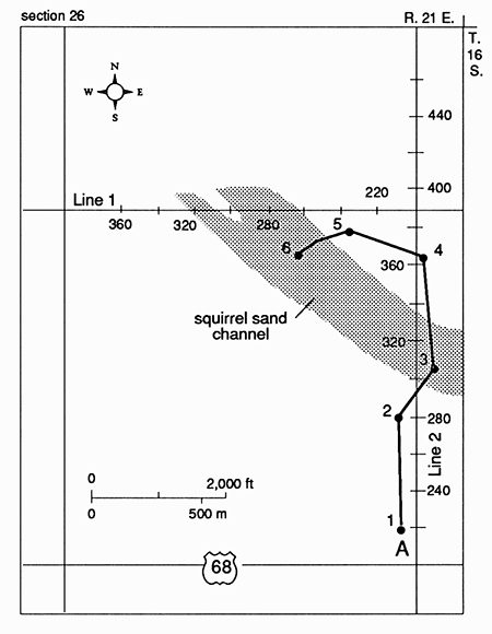 Seismic lines crossed over Squirrel sand channel.