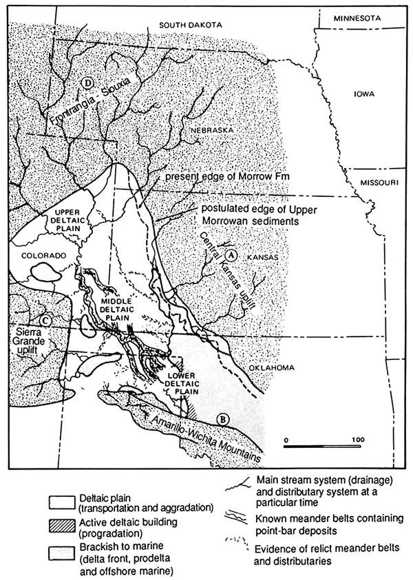 Paleogeographic map of midcontinent during upper Morrowan time.