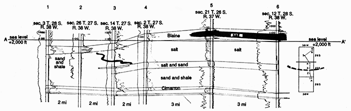 Moore's well-log cross section in Grant and Kearny counties, Kansas.