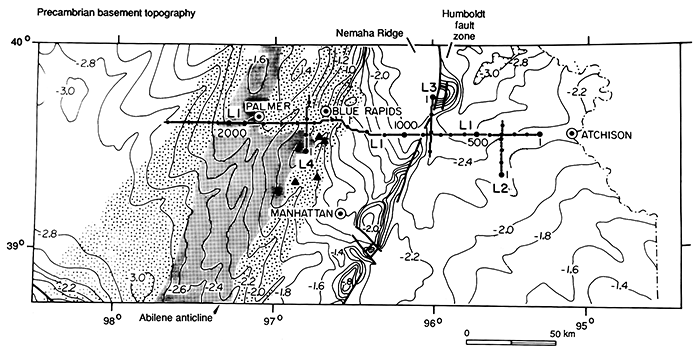 Contours at top of Precambrian basement in northeastern Kansas showing COCORP profiles.