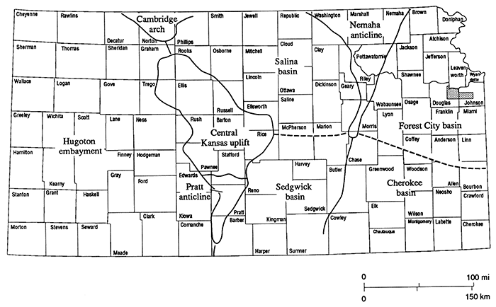 Map of Kansas with major basins labeled; study area in NE Kansas in Forest City basin.