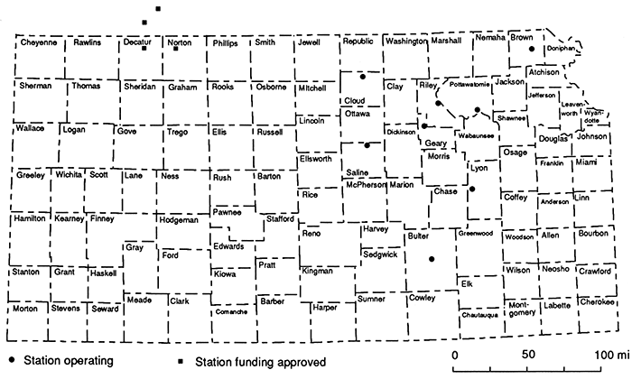 Seismograph stations mostly in eastern half of state, though 4 are planned in the Decatur-North (and north into Nebraska) area of the state. Stations shown by squares were installed in 1981.