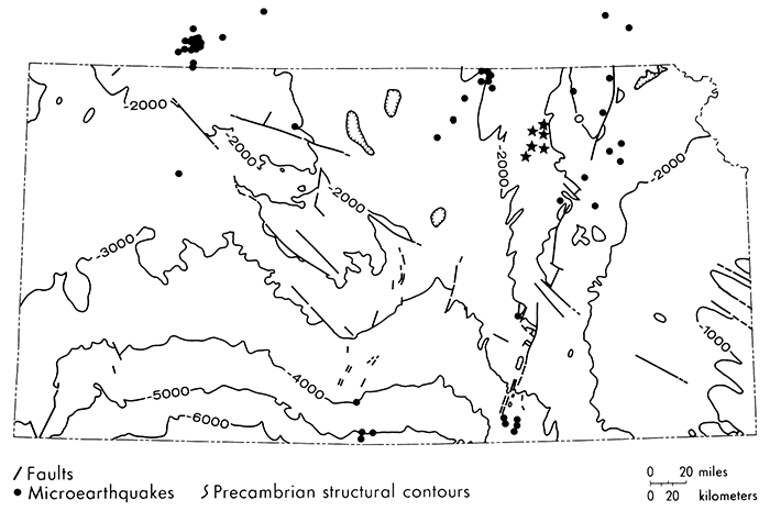 Map of Kansas with microearhquakes plotted over Precambrian contours and faults.
