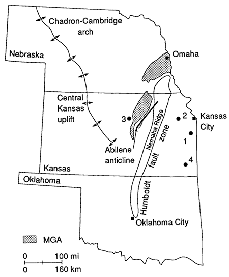Structural features plotted for Oklahoma, Kansas, and Nebraska; drilling in far esgtern Kansas and to west of Midcontinent Geophysical Anomaly.