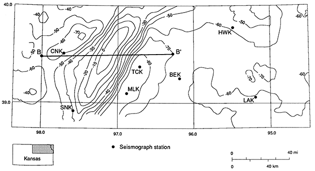 Bouguer gravity map of NE Kansas with gravity high flanked by two lows between Manhanttan and Concordia.