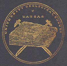 logo with state of Kansas in perspective from south east with crossed pick and hammer
