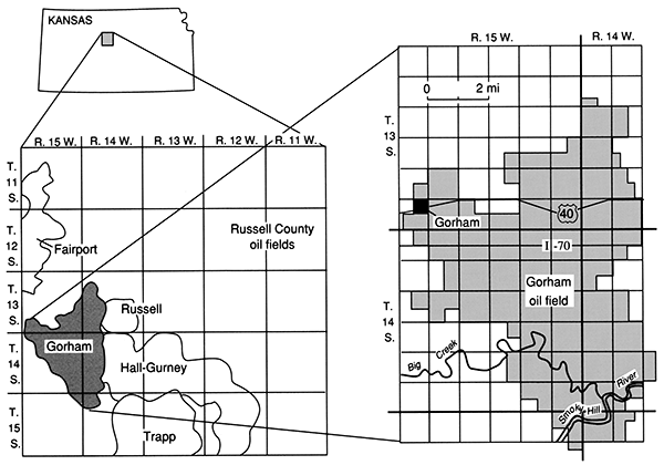 Gorham oil field in western Russell County south of Fairport field, west of Hall-Gurney field, and NW of Trapp field.