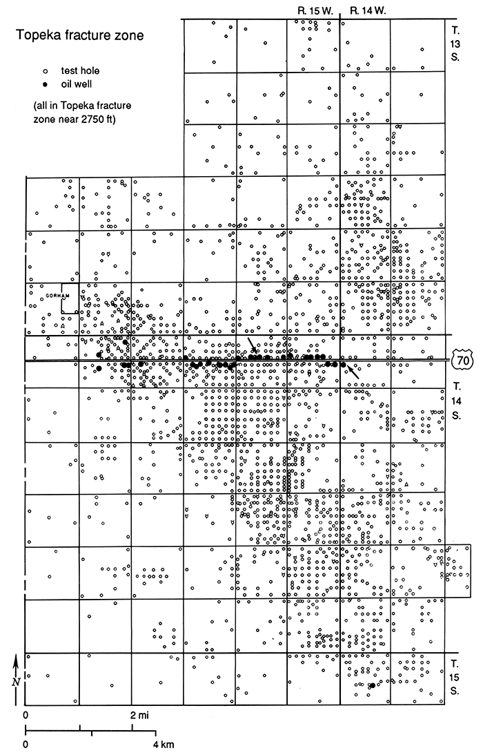 Locatlon of wells that produced oil from the Pennsylvanian Topeka fracture zone near I-70.