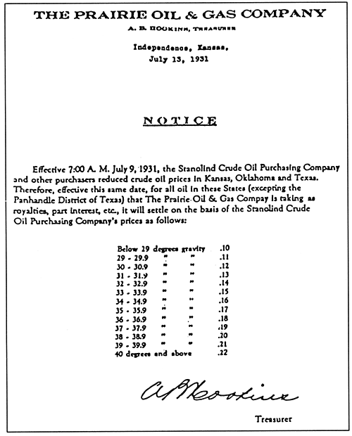 Facsimile of notice in 1931 reducing the price for Kansas crude oil.