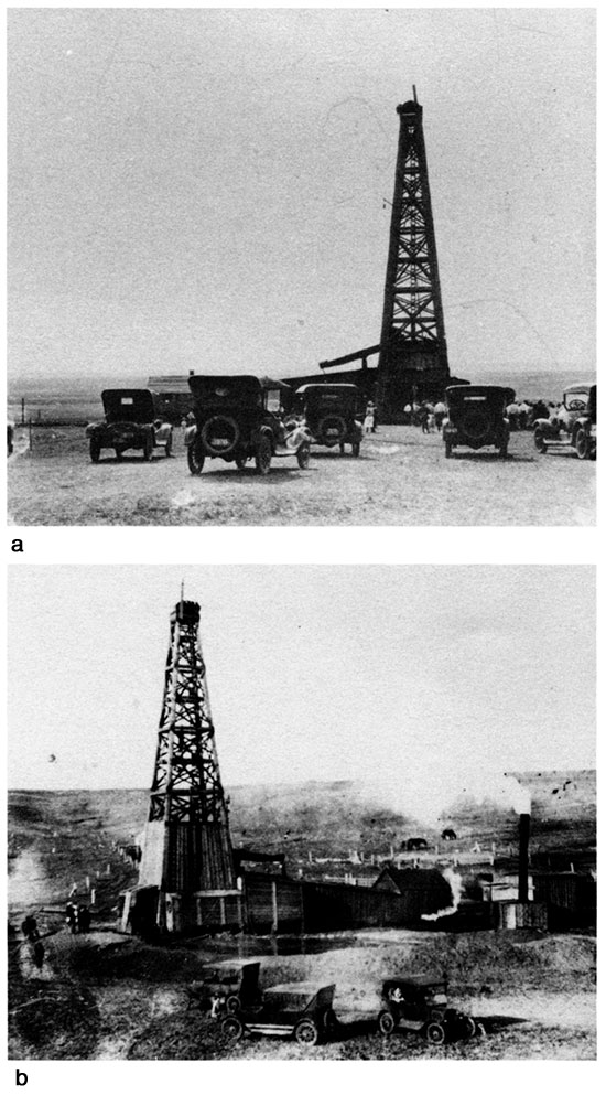 Two black and white photos of Fairport oil field, 1923.