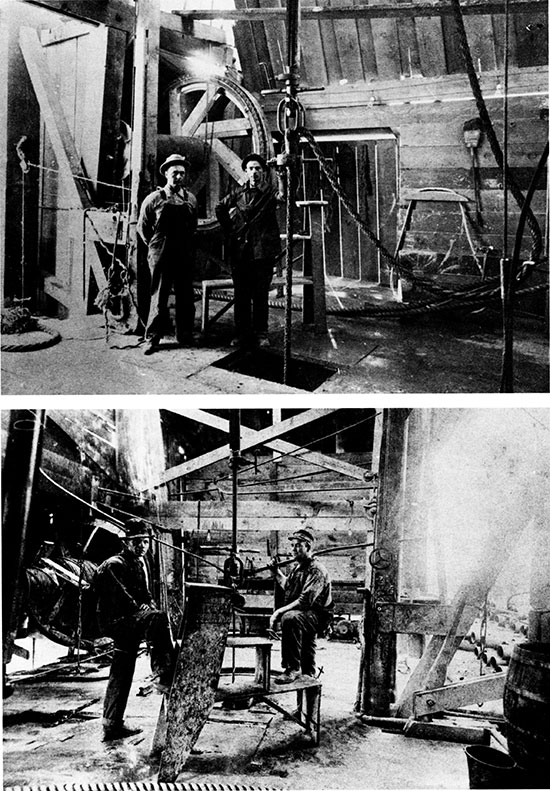 Two black and white photos, interior views, cable-tool drilling equipment.