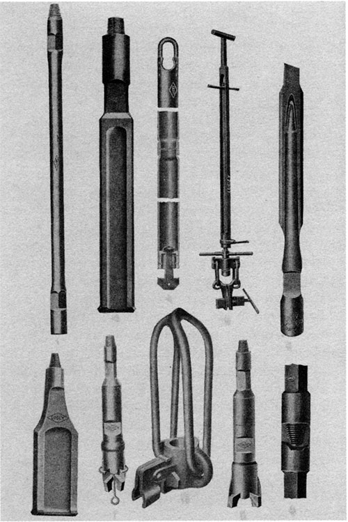 Sketches of tools used in cable-tool drilling.