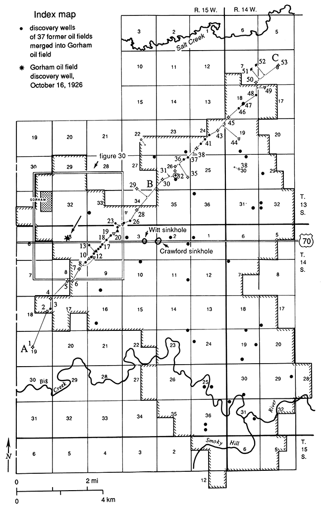 Gorham oil field showing discovery wells, sinkholes, and wells used in cross sections.