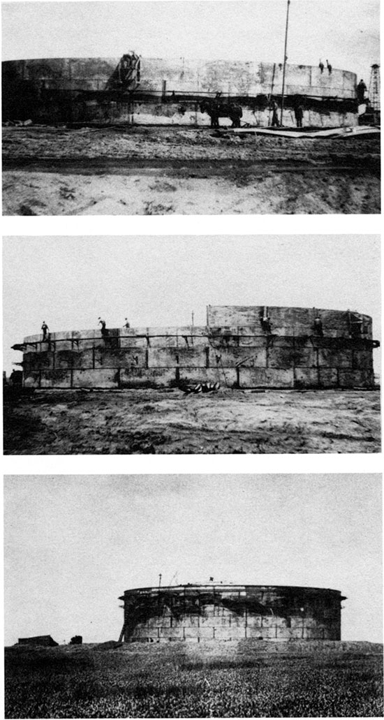 Three black and white photos of the construction of oil-storage tank on the Roubach lease in 1935.