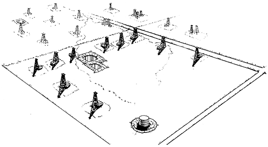 Sketch from photo of Roubach lease, the NW sec. 2, T. 14 S., R. 15 W., in 1938.