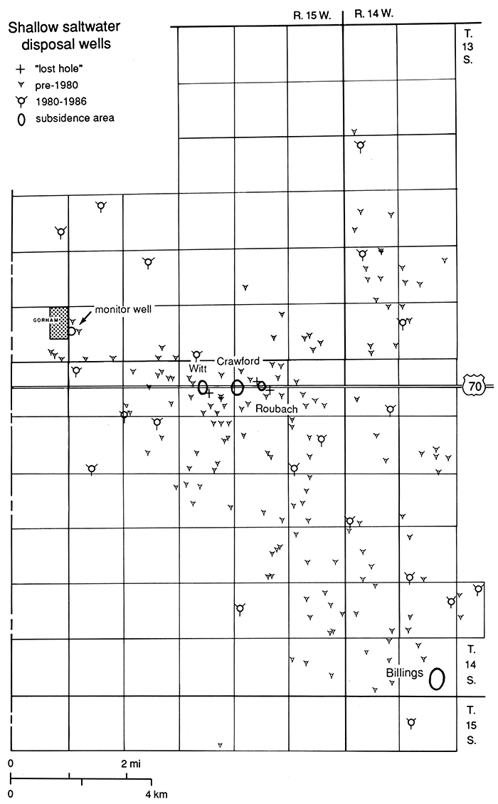 Map of Gorham field showing the location of 168 shallow SWD wells for which records could be found.