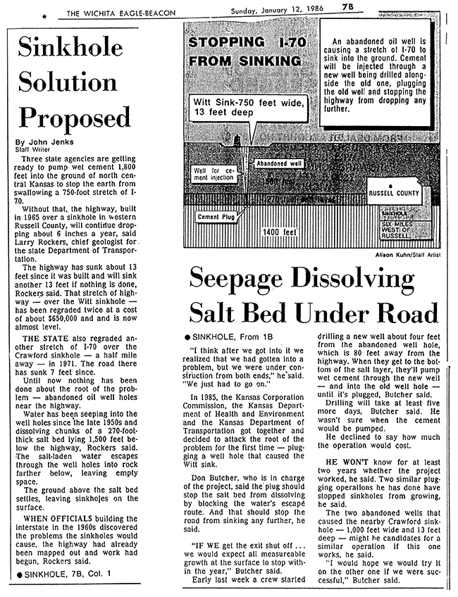 Facsimile of a news item in Wichita Eagle-Beacon, Sunday, January 12, 1986, describing remedial work in the Witt subsidence area.