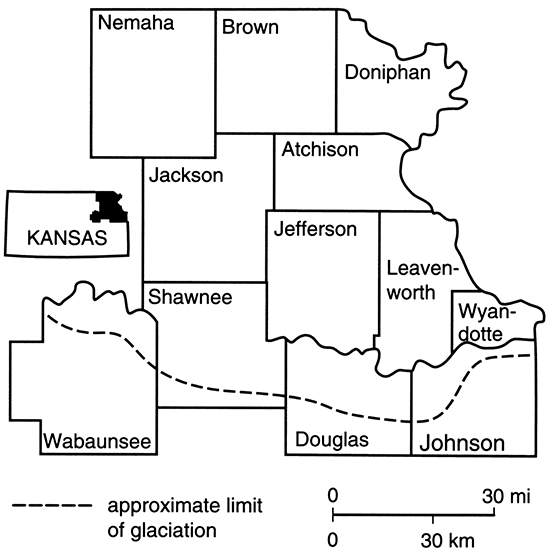 Map of NE Kansas showing limit of glaciation running from northern Wabaunsee County to NE Johnson County.