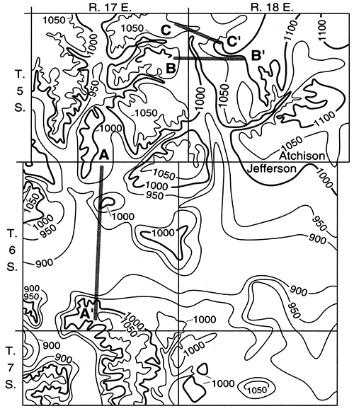 Geologic cross sections and bedrock surface in western Atchison County.