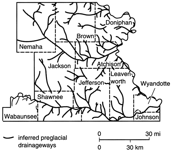 Map of NE Kansas showing preglacial drainageways.