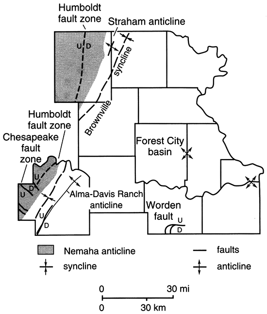 Map of NE Kansas showing structural features, such as Humboldt fault zone, Brownville syncline, and Worden fault.