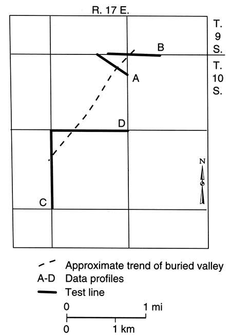 Sites of test drilling and geophysical investigations in the study area