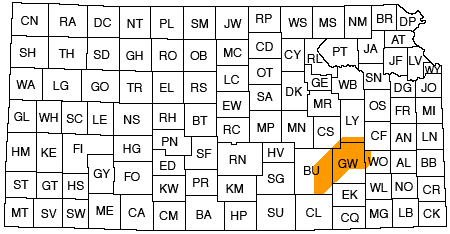 Study area covers east half of Butler, souther part of Lyon, northern part of Greenwood, and small part of NW Woodson county.