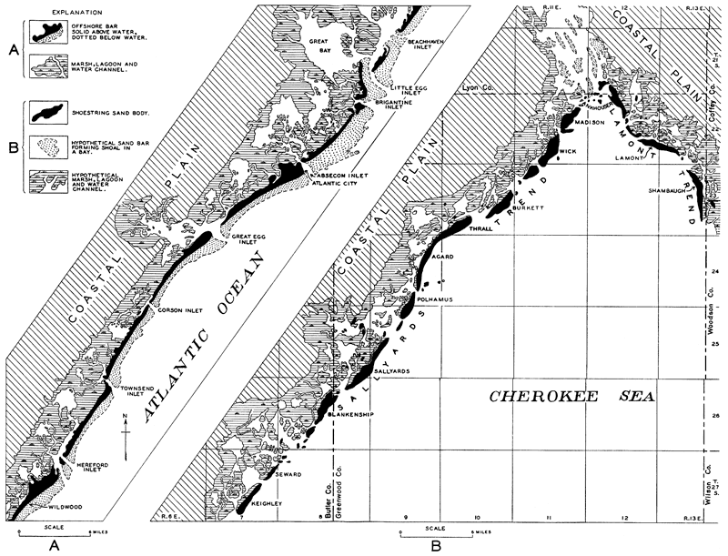 Two figures comparing coastline of New Jersey and what may have appeared in Greenwood and Butler county during Cherokee time.