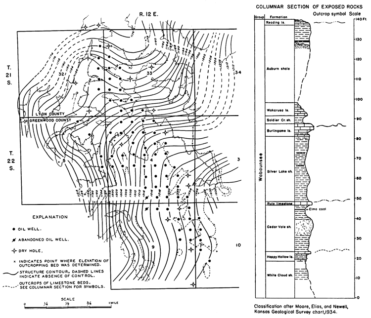 Contour map of Fankhouser oil field, structure of Burlingame Ls; also has chart of rocks exposed in Wabaunsee Group.