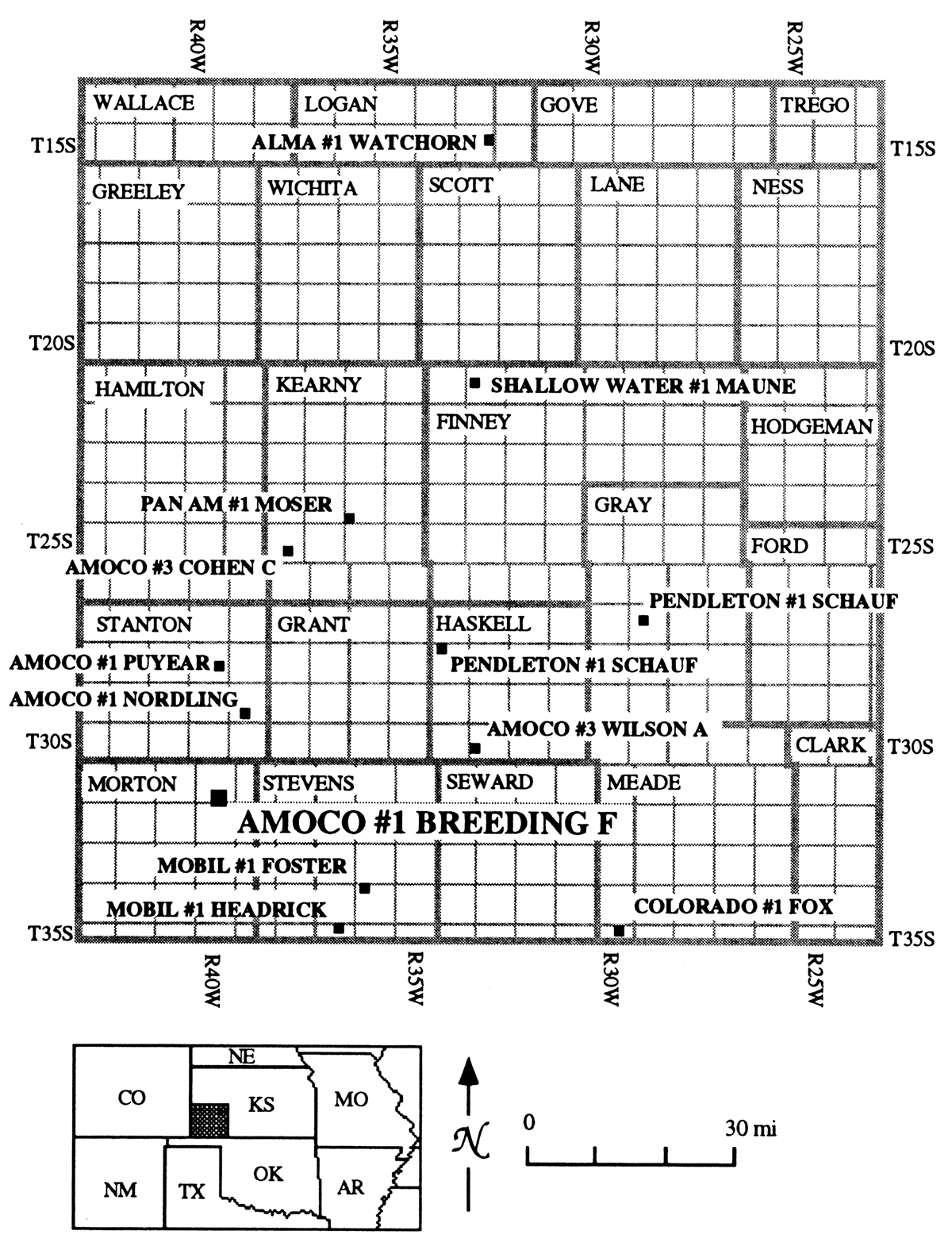 Map of southwestern Kansas showing location of Upper Mississippian cores logged.