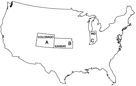 Map of United States showing ocation of Colorado, Kansas, and Indiana.