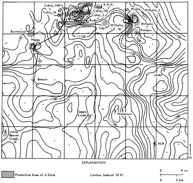 Contour map of J zone, Upper Pennsylvanian Kansas City Group, Rawlins County, Kansas.