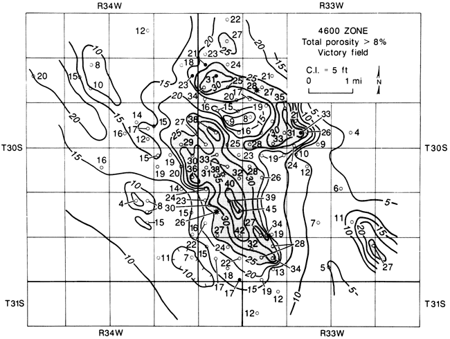 K Zone (porous carbonate) as thick as 40 feet in central area, 30 feet in NE.