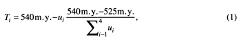 Ti = 540 my - (thickness of unit times ratio of age range and sum of thicknesses).