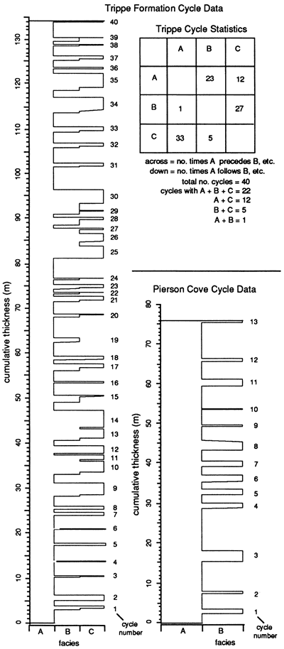 Facies distribution patterns for Trippe Fm and Pierson Cove Fm.