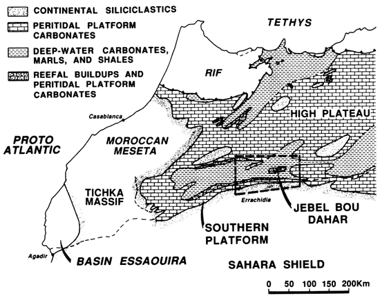 In Middle Liassic, study area mostly deep-water carbinates, marls, and shales; small zone of reefal buildup in center; area surrounded by peritidal platform carbonates.