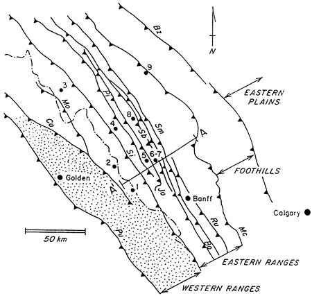 Structural map of southern Canadian Rocky Mountains.