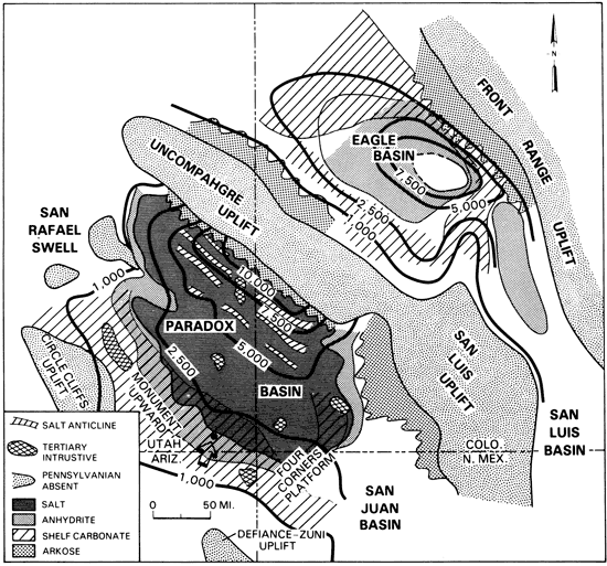 Isopach and facies map of the Pennsylvanian System of the Paradox and Eagle basins.