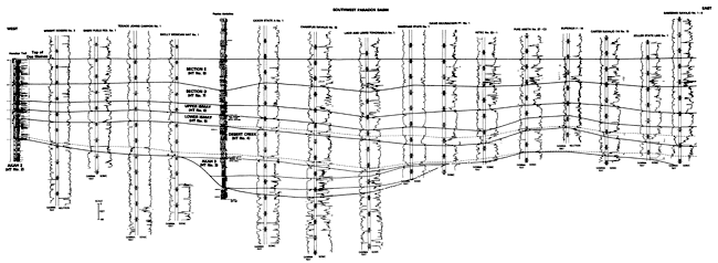 Cross section made of 15 well logs and two measured sections.