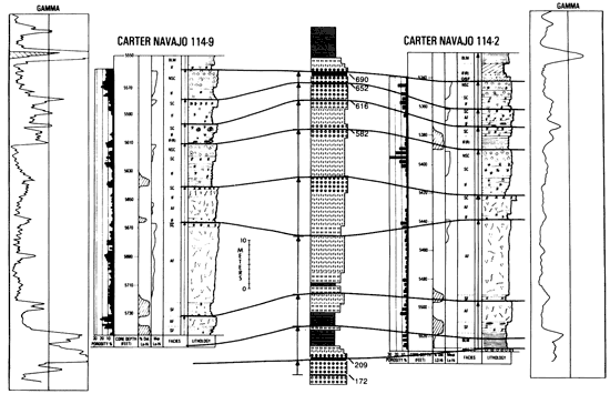 well logs and stratigraphy for two actual wells and a simulation.