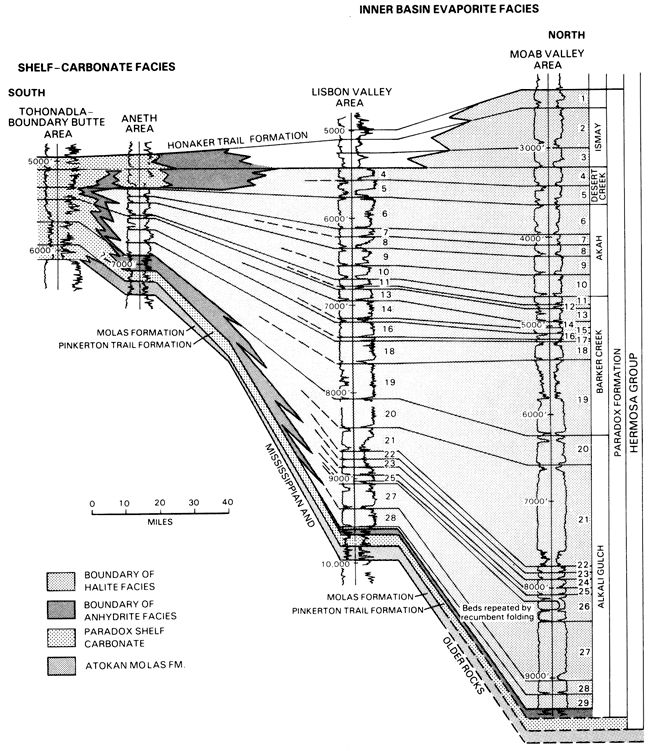 Four well logs across Paradox basin.